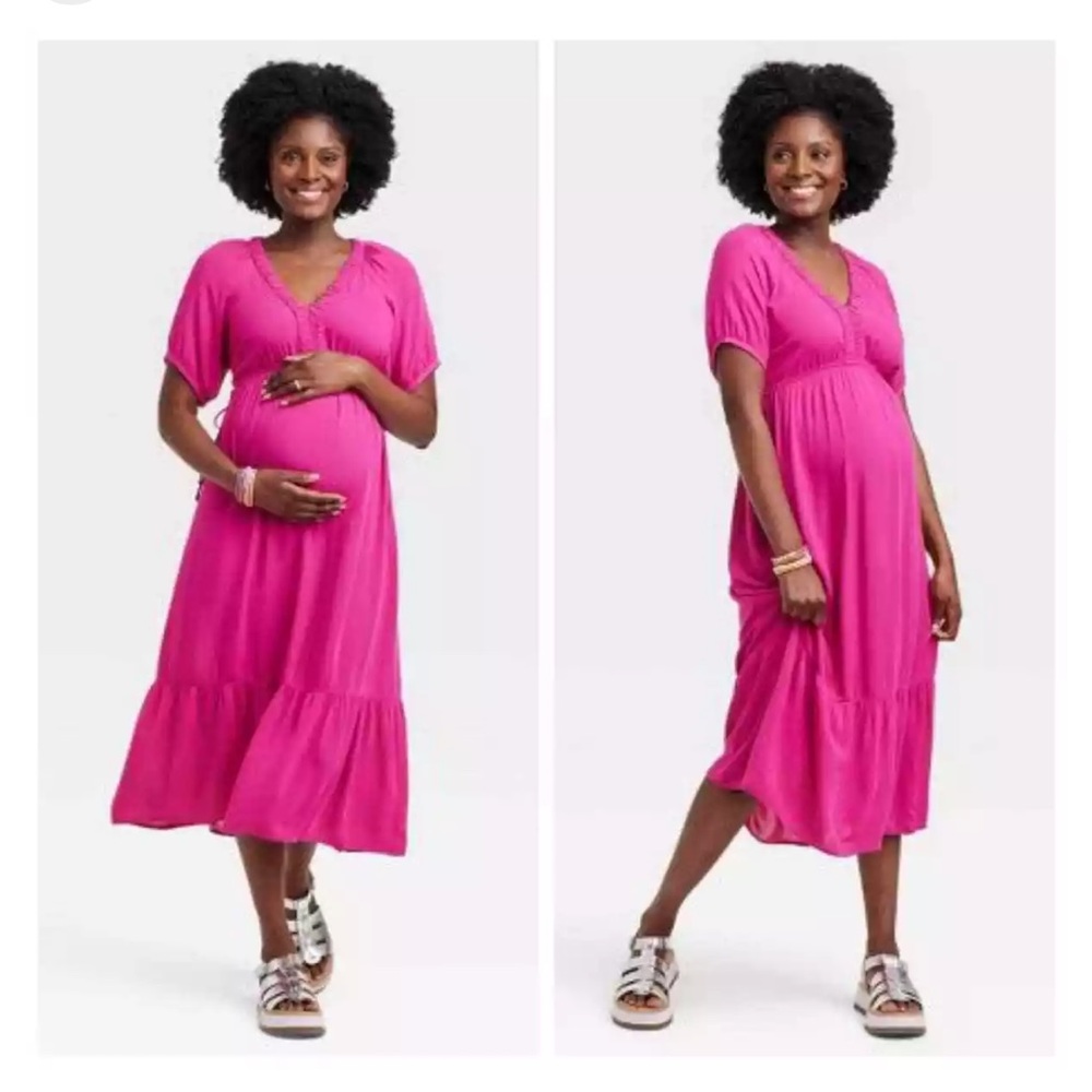Elbow Sleeve Cinch Waist Maternity Maxi Dress, Summer Dress Hot Pink
